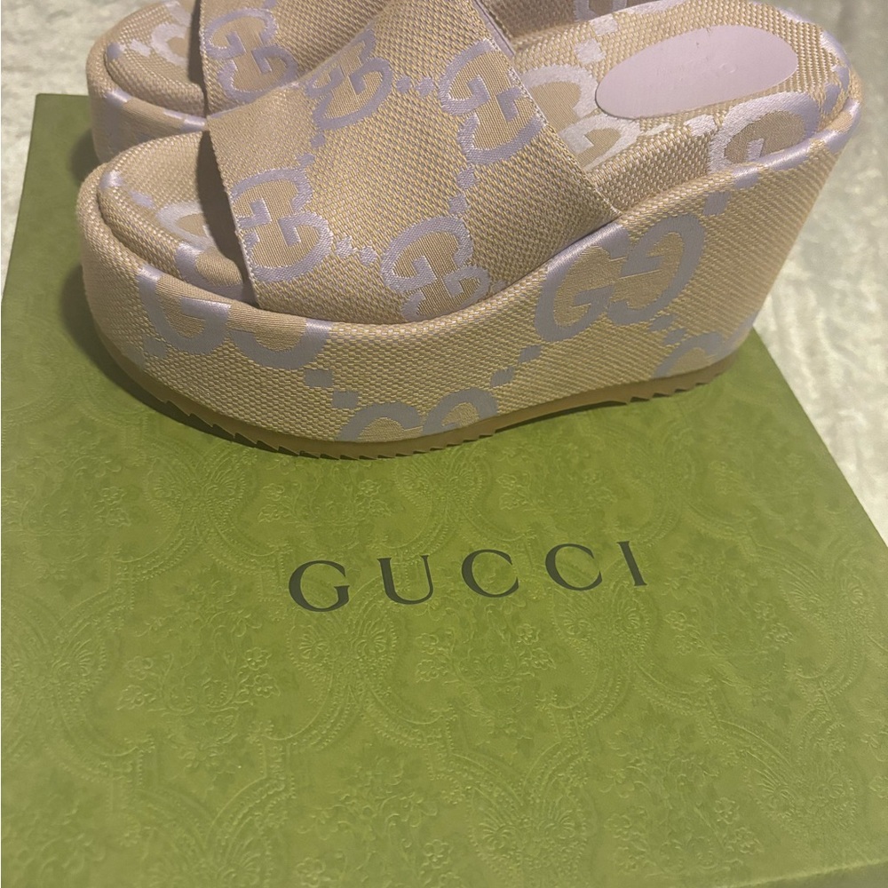 Gucci Tan and Purple Wedge Sandals with Slingback